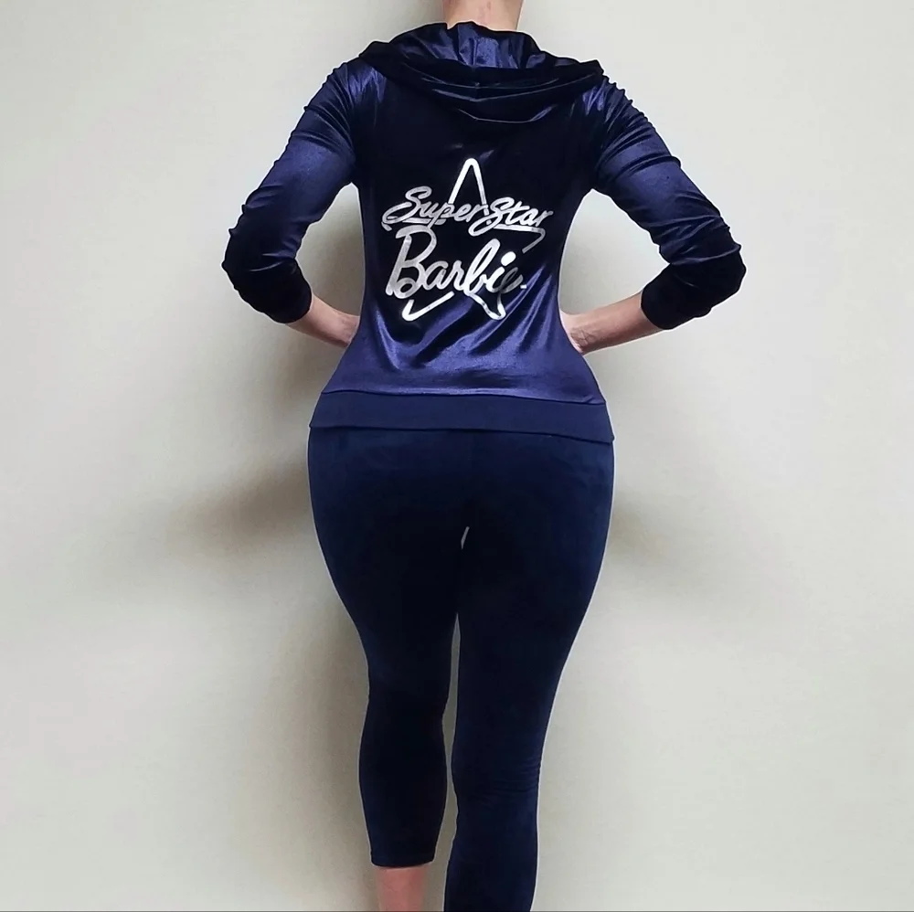 Rare Retro Barbie Loves Splash Silver Superstar Barbie Dark Indigo Velvet Hoodie - Picture 3 of 15